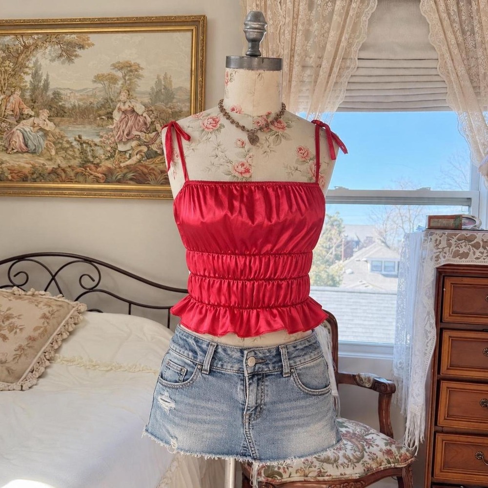 Red Crop Top Cottagecore tank with bows